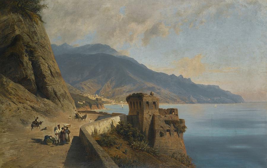 German Italian Landscape With Figures Painting by Hermann Kruger