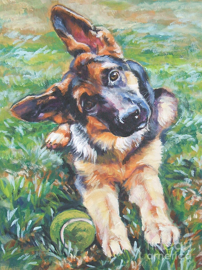 Dog Painting - German shepherd pup with ball by Lee Ann Shepard