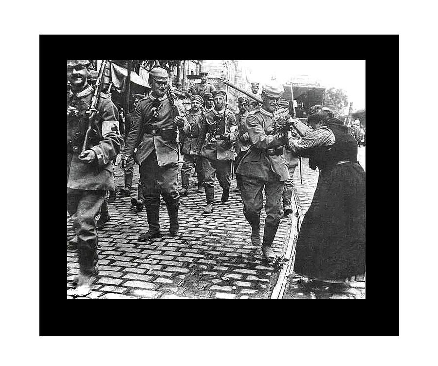 German Soldiers Marching In Town At The Beginning Of Ww1 1914 Color Frame Added 2016 Photograph
