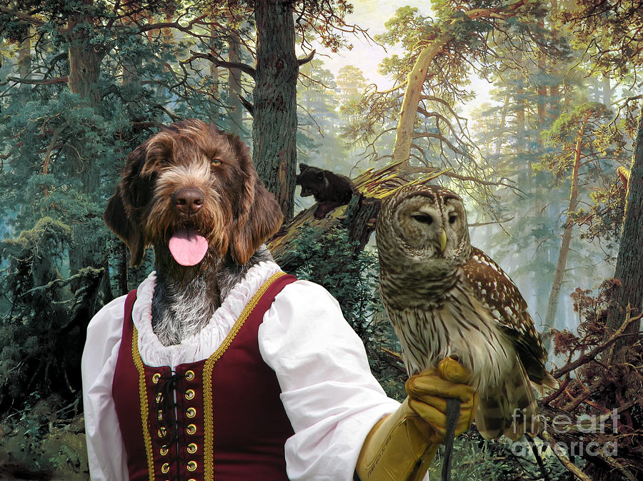 German Wirehaired Pointer Art Canvas Print - Lady Owl and Little Bears Painting by Sandra Sij