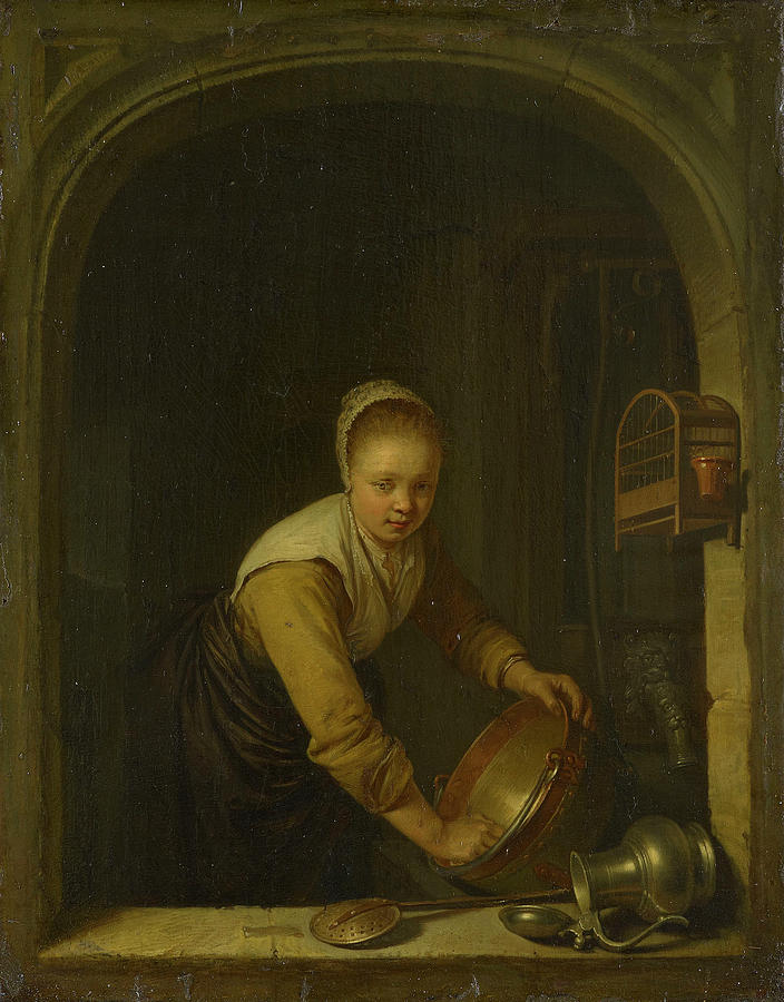 Gerrit Dou Leiden 1613-Leiden 1675 A Maidservant Scouring a Brass Pan ...