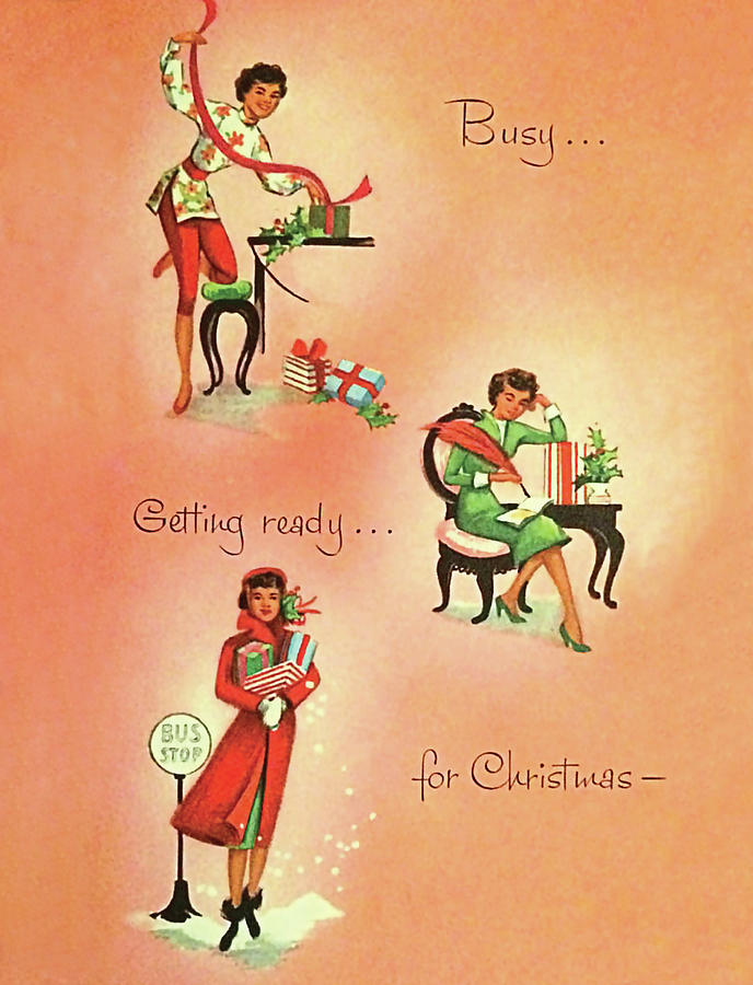 Getting ready for Christmas, vintage greeting card Painting by Long Shot