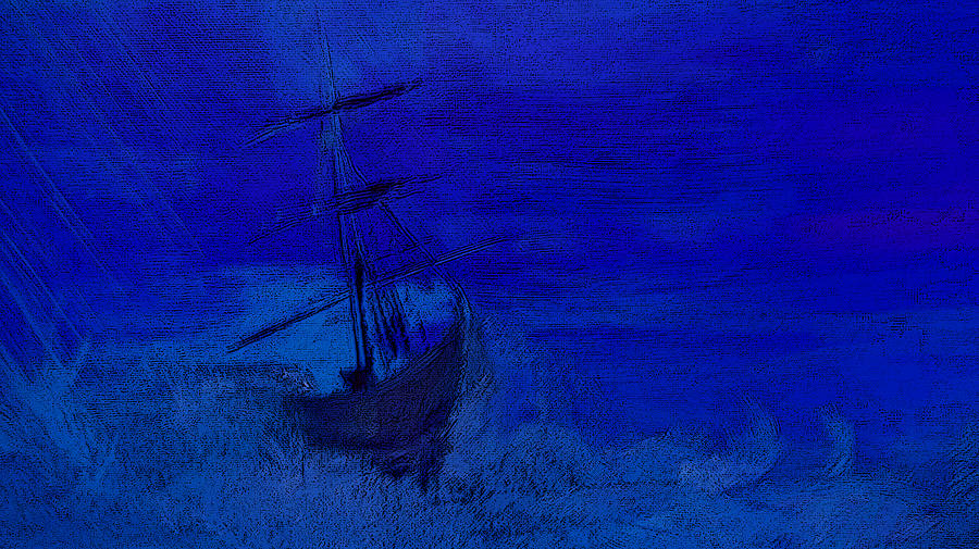 Ghost Ship Upon Stormy Blues Painting by Lisa Kaiser