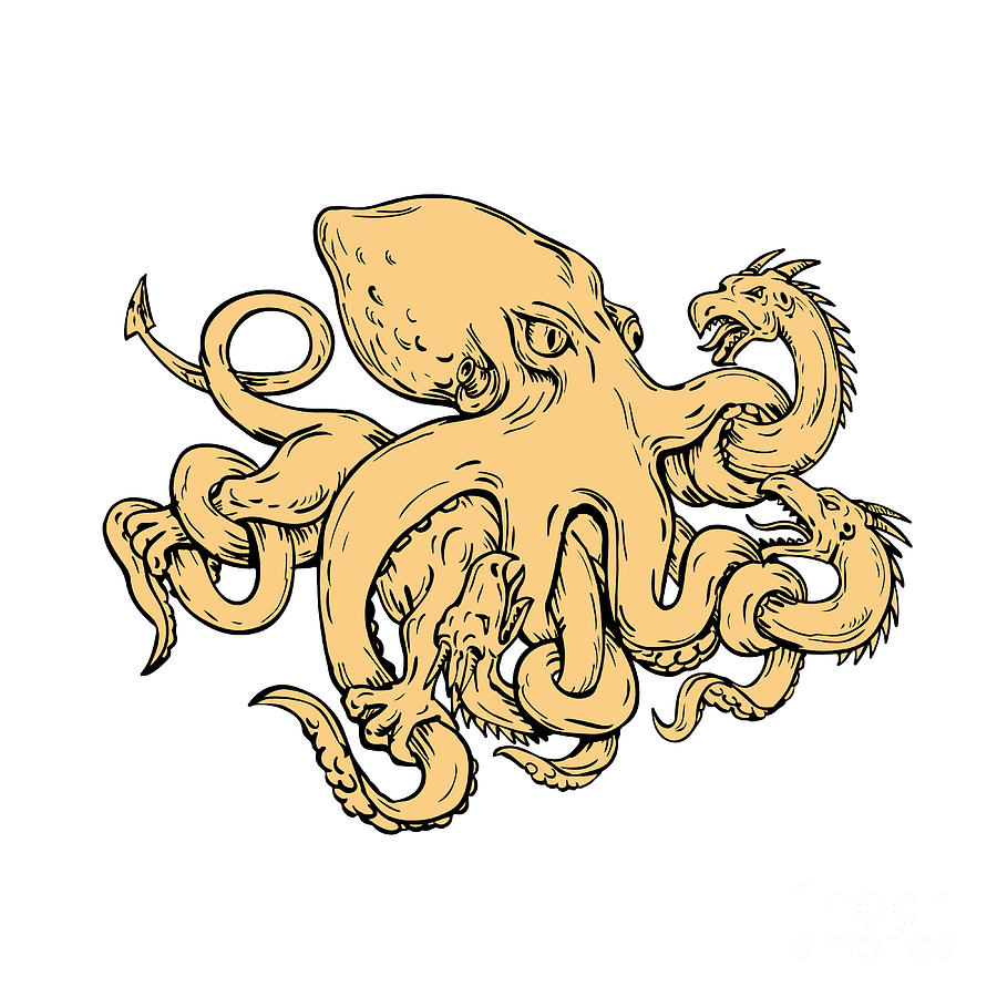 Octopus Digital Art - Giant Octopus Fighting Hydra Drawing by Aloysius Patrimonio