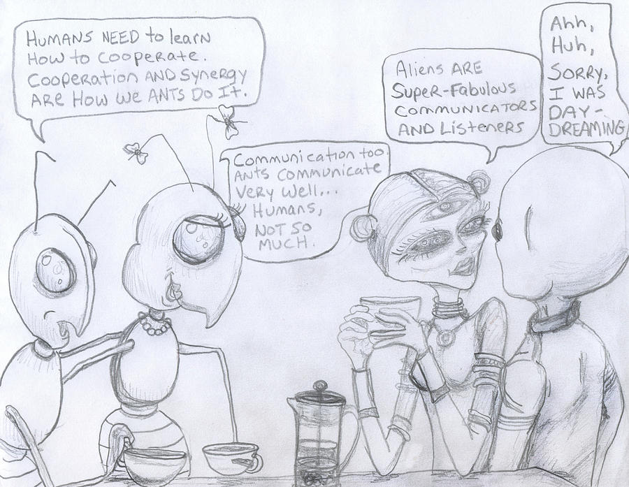 Ant Drawing - Giant space ants and aliens drink coffee and discuss humans. by Similar Alien