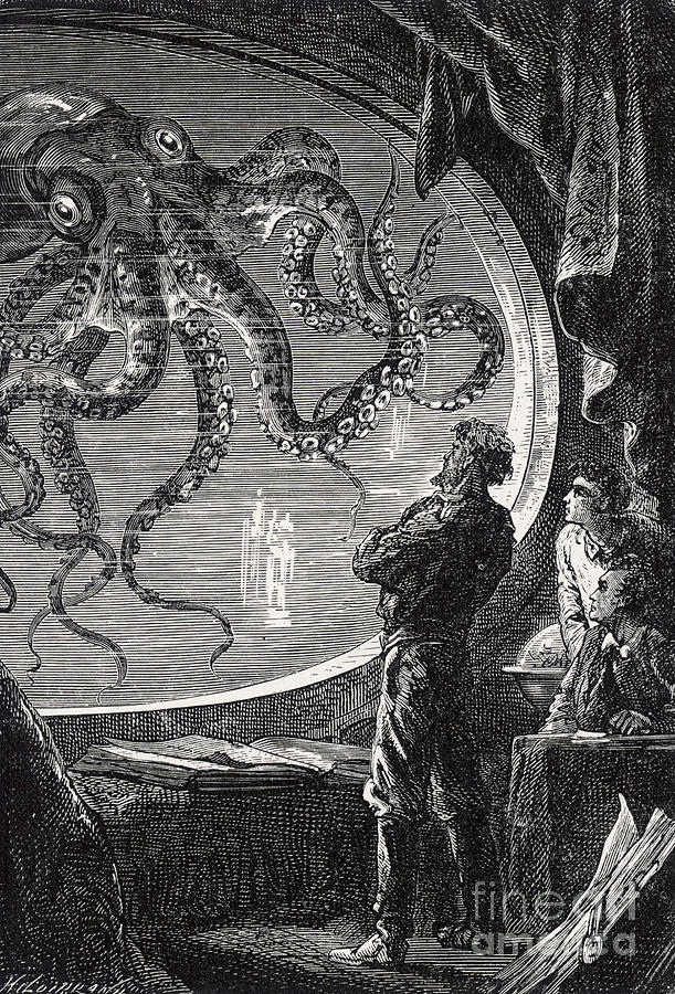 Book Drawing - Giant Squid from 20,000 leagues under the sea by Mary Evans Picture Library