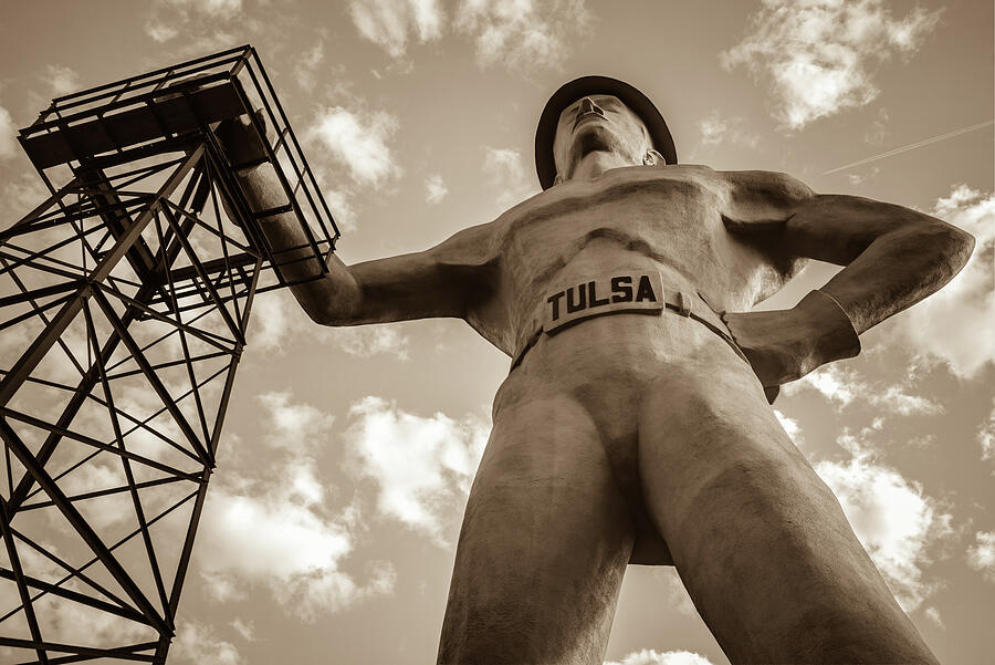 Giant Tulsa Driller Statue - Sepia Edition Photograph by Gregory Ballos