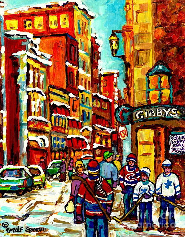 Gibbys Restaurant Vieux Port Old Montreal Canadian Winter Scene Art Hockey Painting Carole Spandau  Painting by Carole Spandau