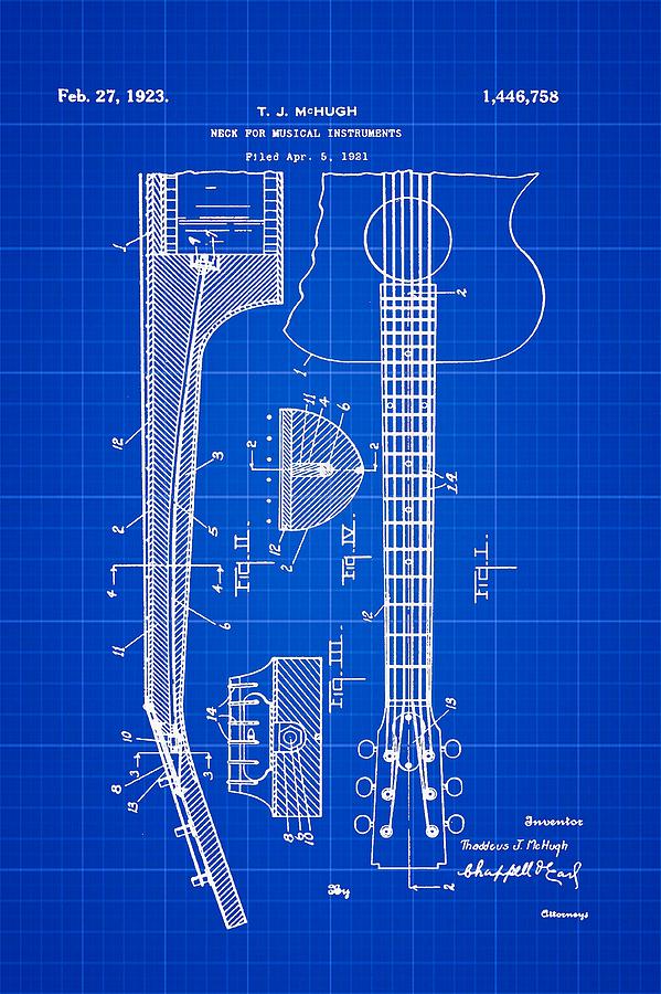 Gibson Guitar Patent 1923 Blue Print Photograph by Bill Cannon