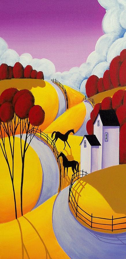 Giddy Up - horse landscape whimsical art Painting by Debbie Criswell