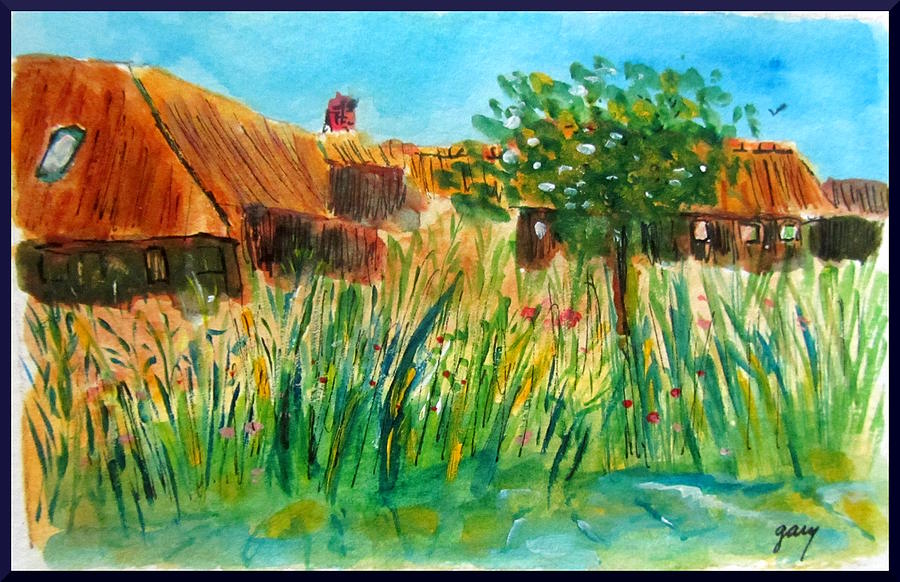 Watercolor Painting - Giethoorn- Two Houses Thatched Roofs by Gary Kirkpatrick
