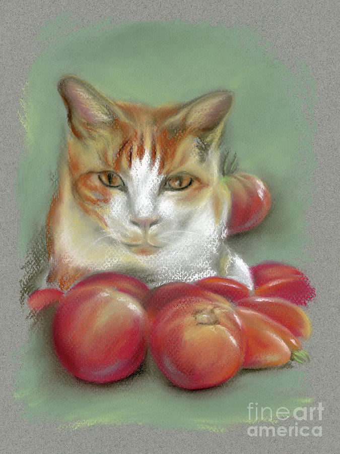 Ginger and White Cat Among the Tomatoes Pastel by MM Anderson