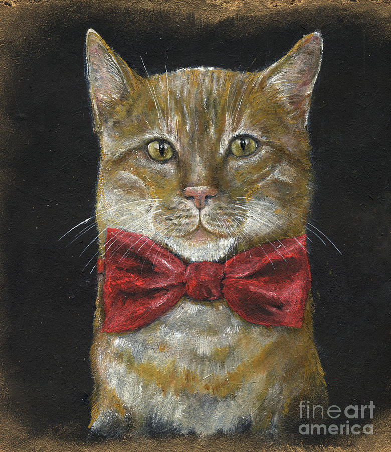 Ginger kitty in red bowtie Painting by Ang El