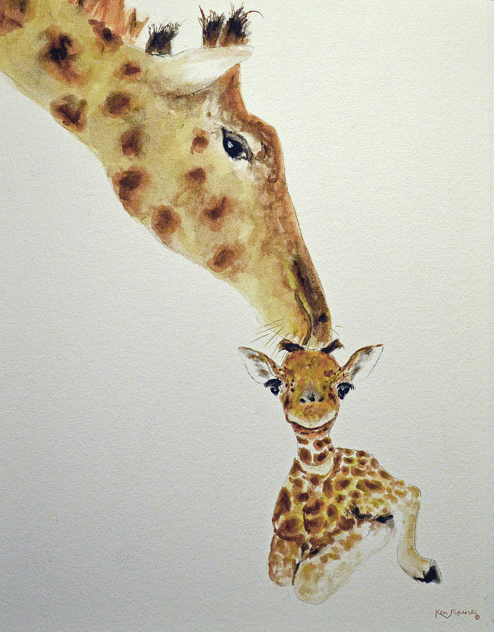 Giraffe And Baby Painting by Ken Figurski