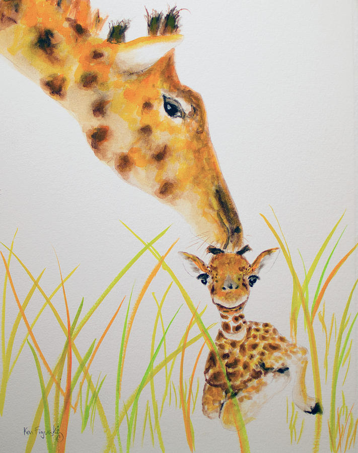Giraffe And Baby Watercolor Painting by Ken Figurski