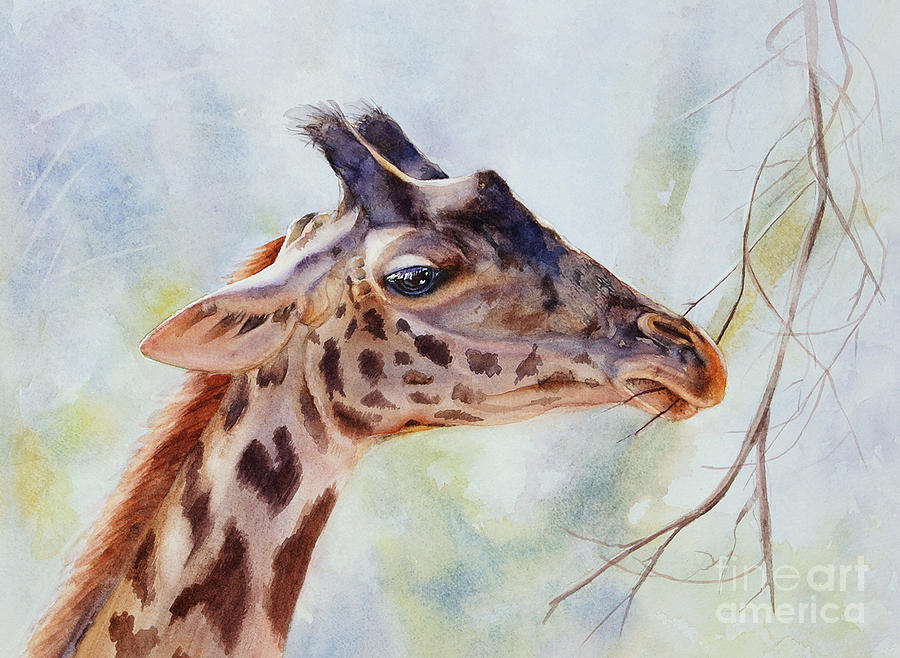 Giraffe Eating Painting by Bonnie Rinier