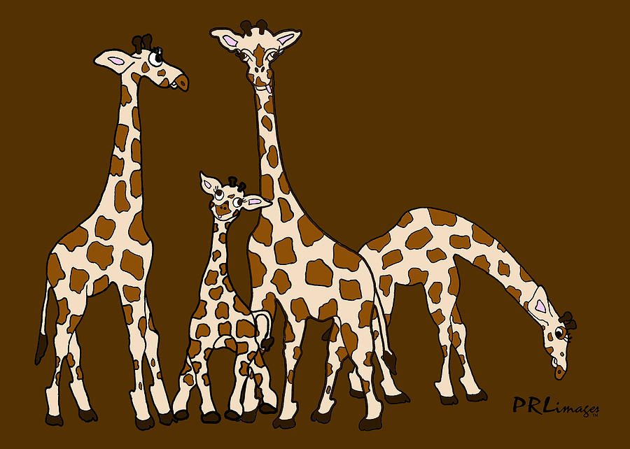 Giraffe Family Portrait Brown Background Drawing by Rachel Lowry