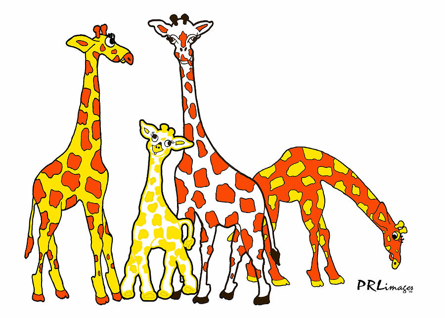 Giraffe Family Portrait in Orange and Yellow Drawing by Rachel Lowry