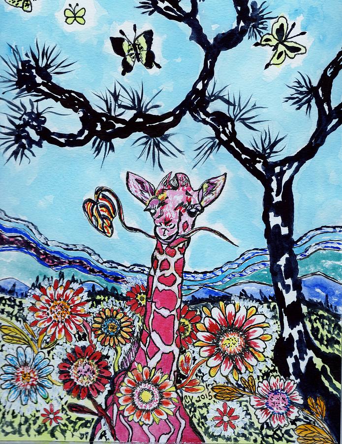 Giraffe In Garden Painting by Connie Valasco