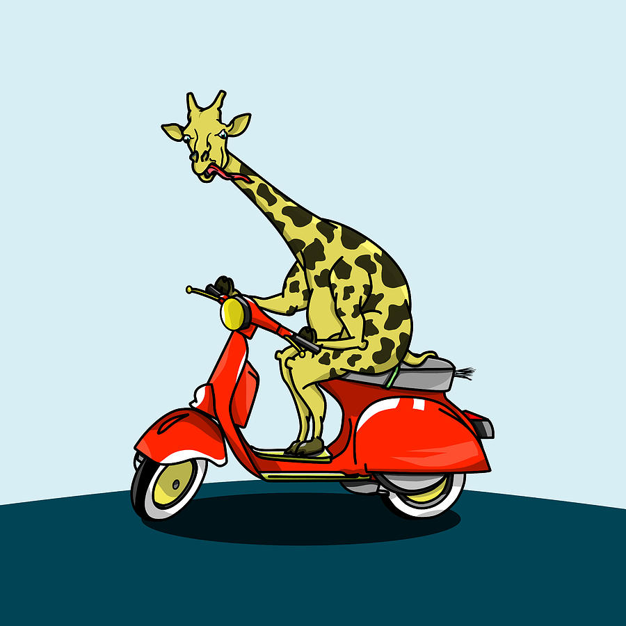 Giraffe Digital Art - Giraffe riding a moped by Early Kirky