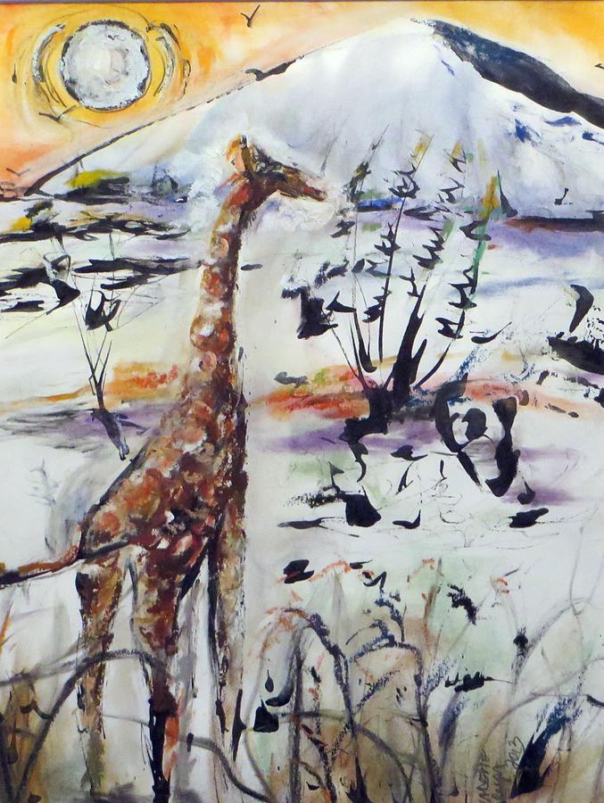 Giraffe Sunset Painting by Bernadette Krupa