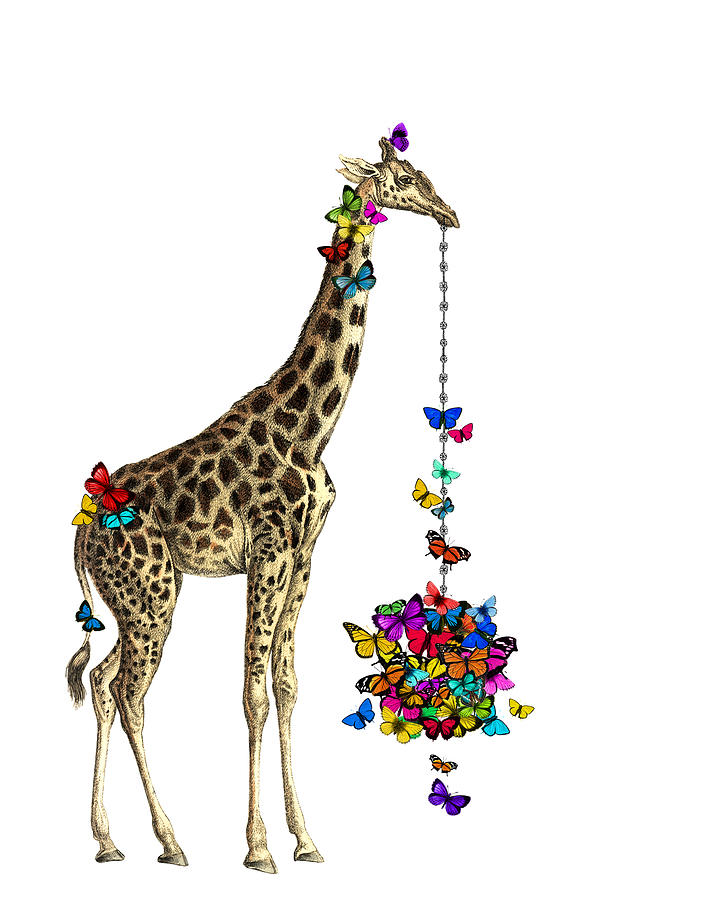 Giraffe Digital Art - Giraffe with colorful rainbow butterflies by Madame Memento Giraffe Digital Art - Giraffe with colorful rainbow butterflies by Madame Memento