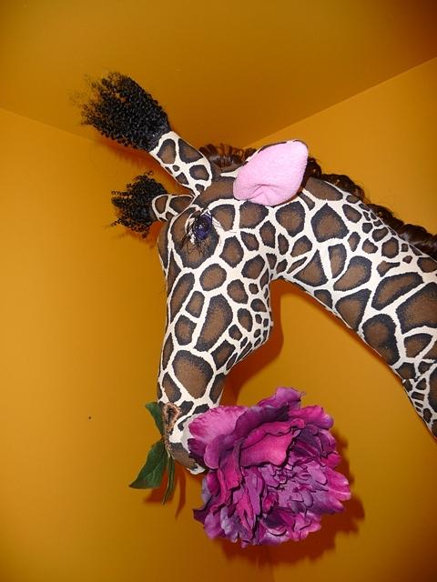 Purple Rose Sculpture - Giraffe with Purple Rose by Cassandra George Sturges