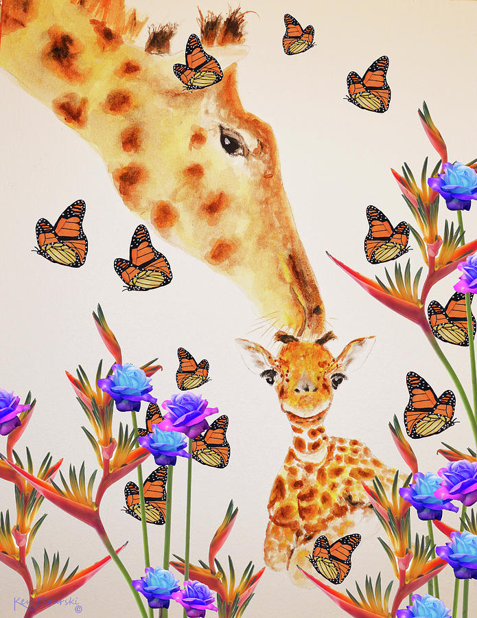 Giraffes Butterflies And Flowers Mixed Media by Ken Figurski