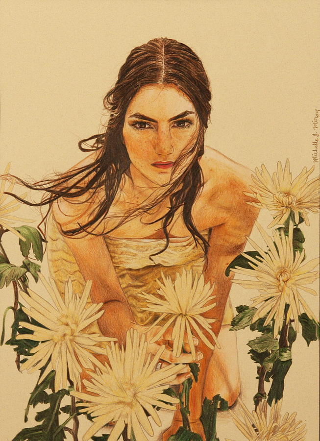 Girl Among the Flowers Drawing by Michelle Miron-Rebbe