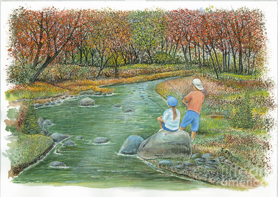 Girl And Boy Fishing In A Brook Painting by Samuel Showman - Fine