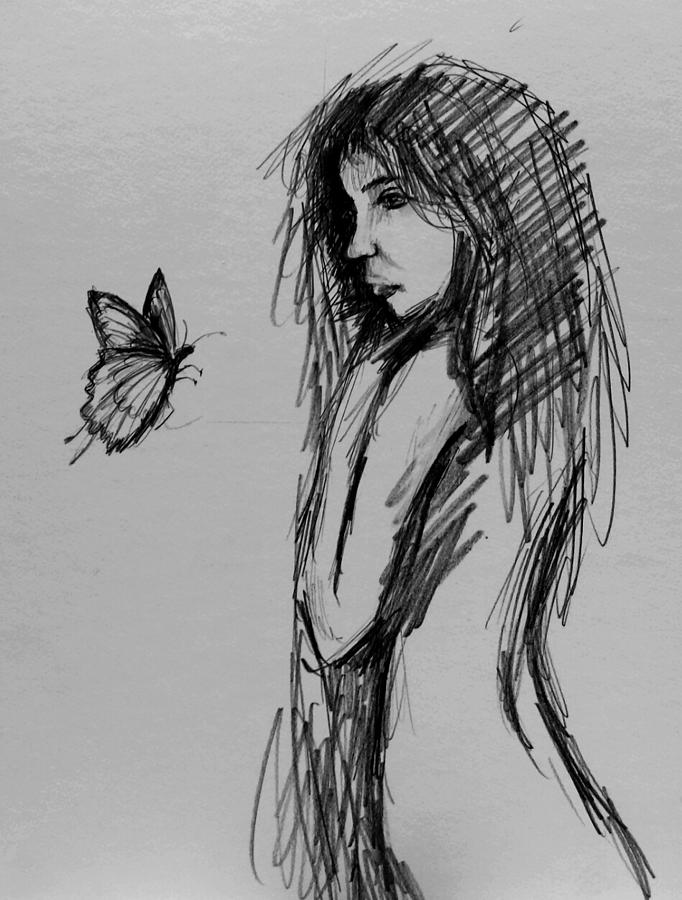 Cute drawing of dreamy girl with butterfly - a Royalty Free Stock Photo  from Photocase