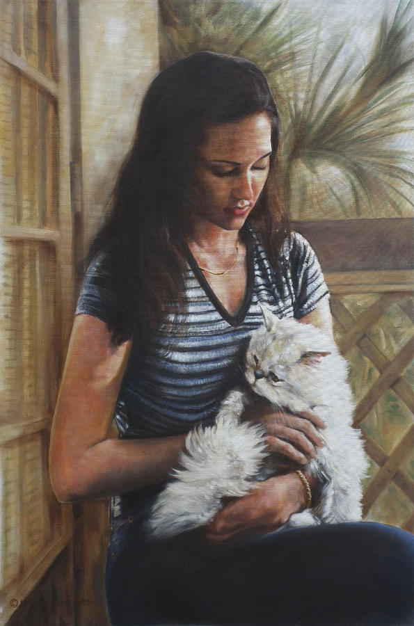 Girl and Cat Portrait Painting by Harvie Brown