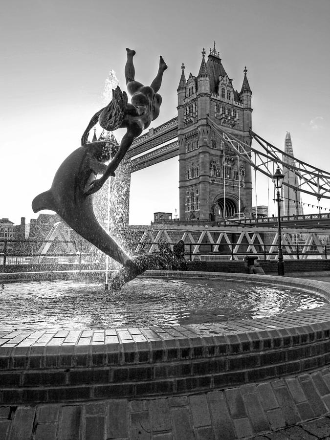 Girl and Dolphin at Tower Bridge Black and White Photograph by Gill Billington