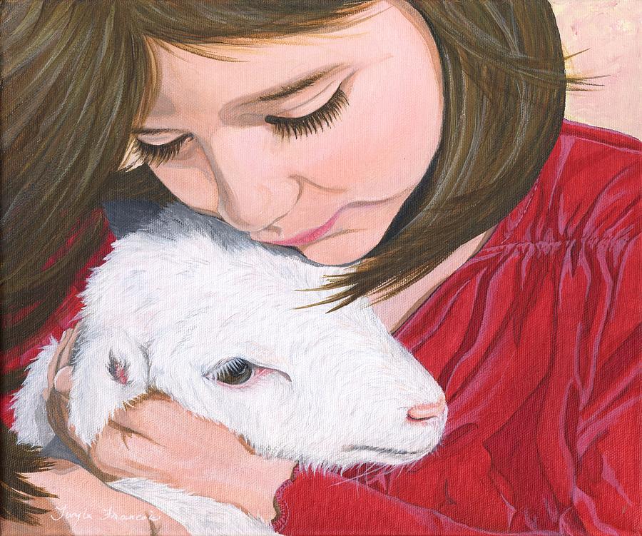 Girl and lamb Painting by Twyla Francois