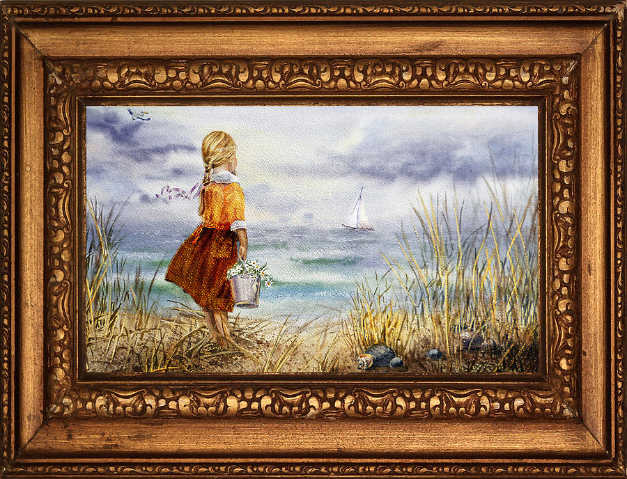 Girl And Ocean In Vintage Frame Painting