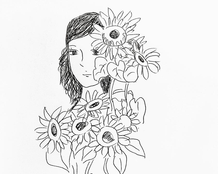 Girl and sunflower  Drawing by Hae Kim