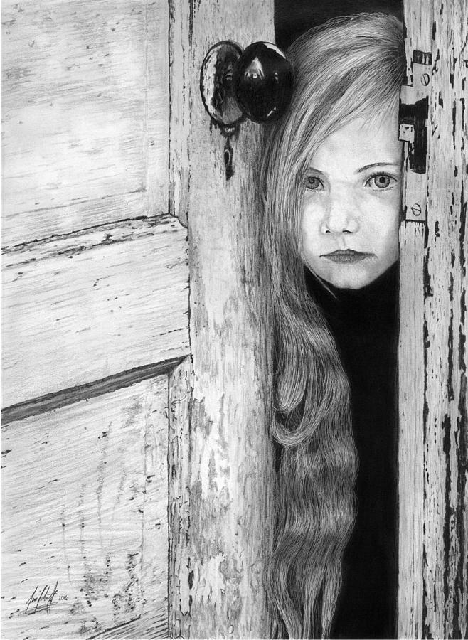 Girl Peeking Through Old Door Drawing By James Schultz