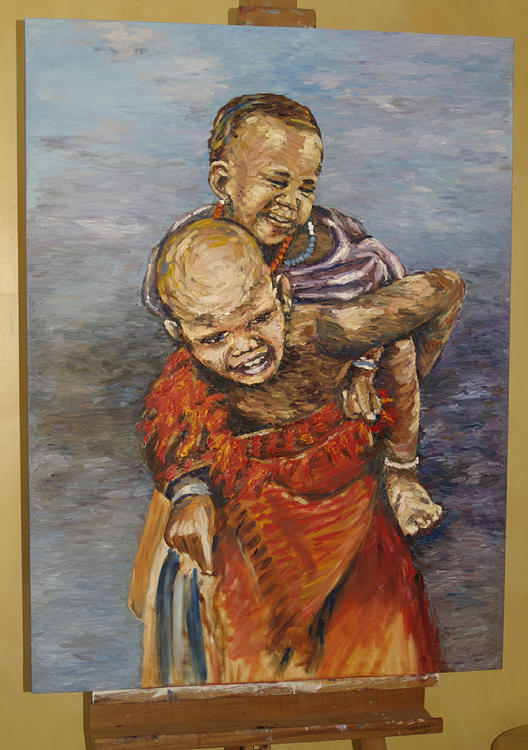 Child Warrior With good Young Brother Original Acrylic Painting on Canvas