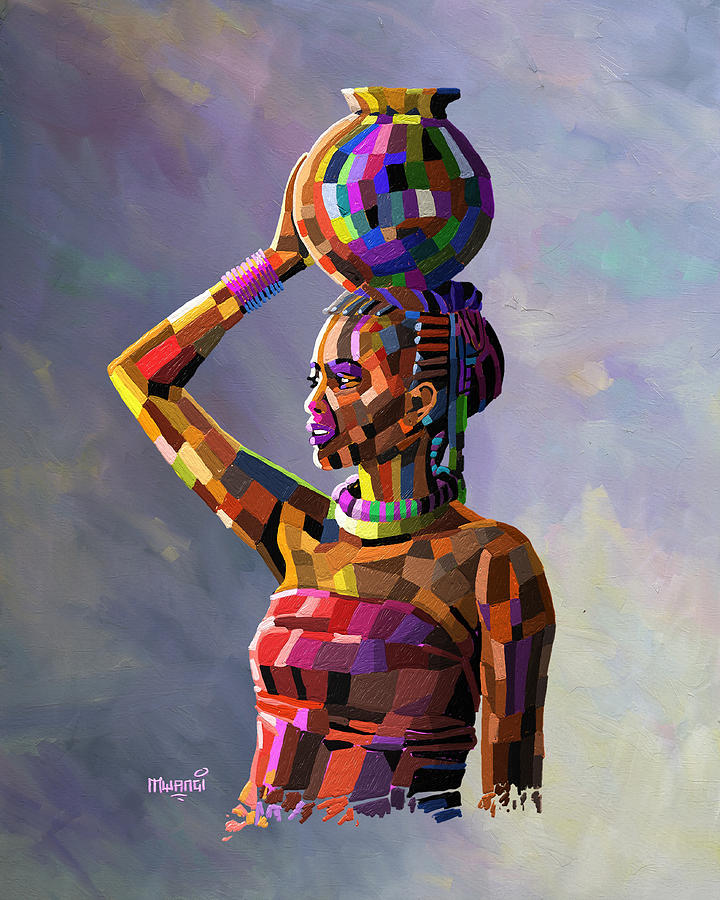 Girl Carrying Water Painting by Anthony Mwangi