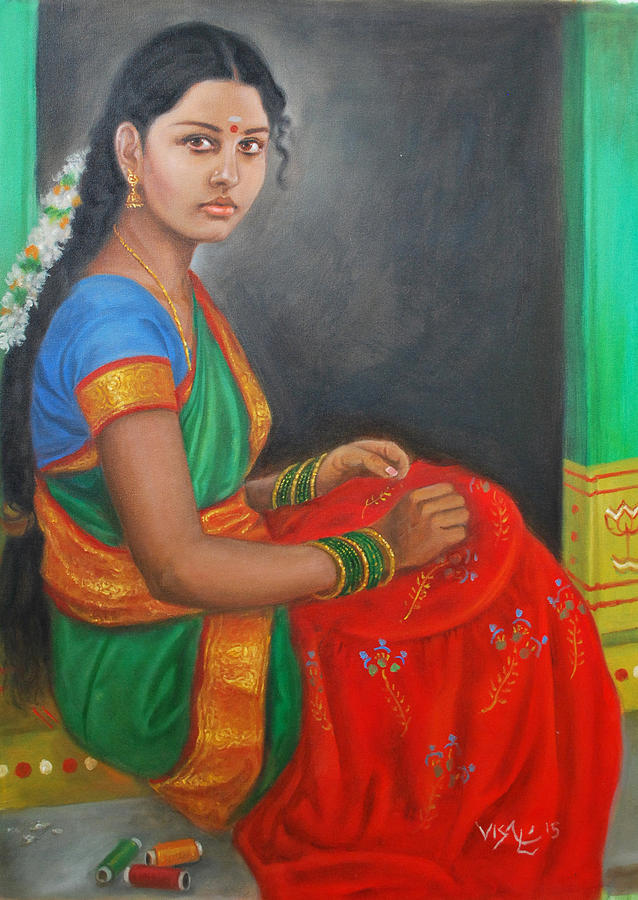 Tamil Girl Doing Embroidery Painting by Vishalandra Dakur