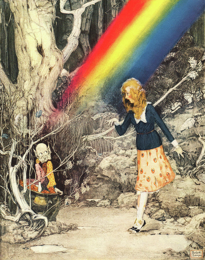 Female Painting - Girl Finds Leprechaun Guarding Gold Under Rainbow by Robert Lawson Female Painting - Girl Finds Leprechaun Guarding Gold Under Rainbow by Robert Lawson