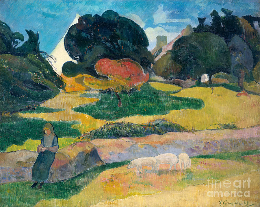 Paul Gauguin Painting - Girl Herding Pigs by Paul Gauguin