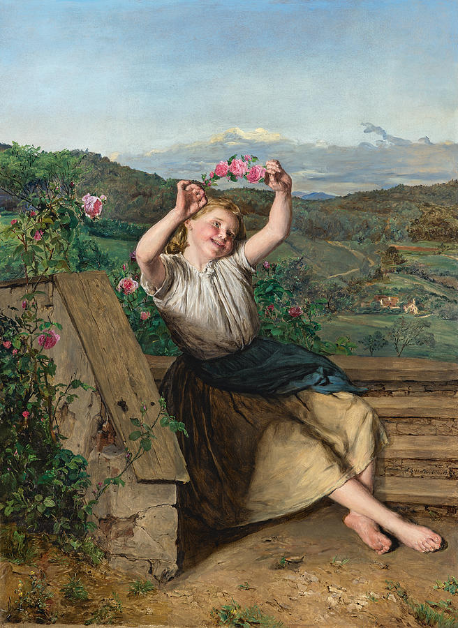 Ferdinand Georg Waldmuller Painting - Girl Holding up a Wreath of Roses by Celestial Images