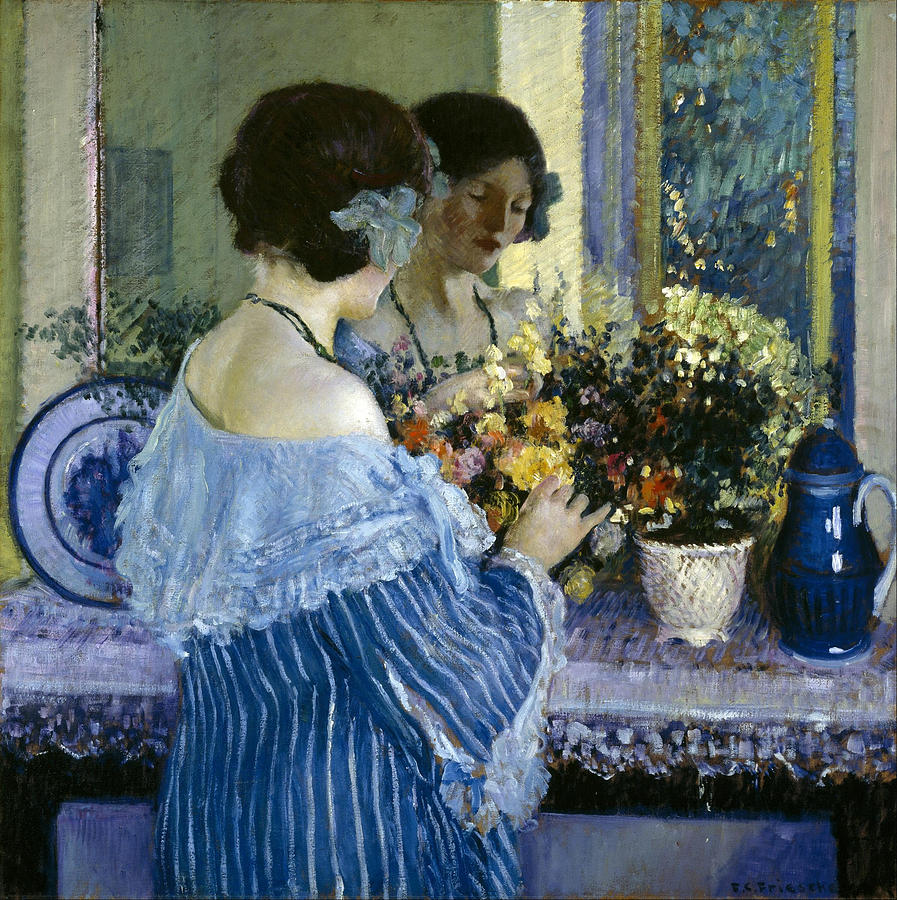 Girl in Blue Arranging Flowers Painting by Frederick Carl Frieseke