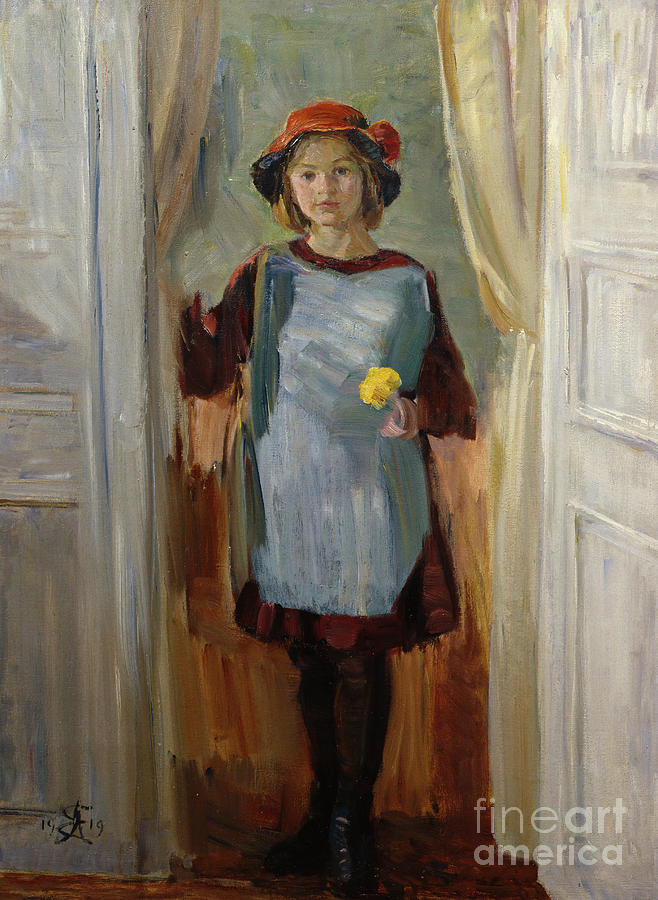 Girl in doorway Painting by O Vaering