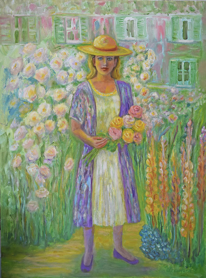 Young Woman Painting - Girl in Monets Garden at Giverny by Verlaine Crawford Young Woman Painting - Girl in Monets Garden at Giverny by Verlaine Crawford
