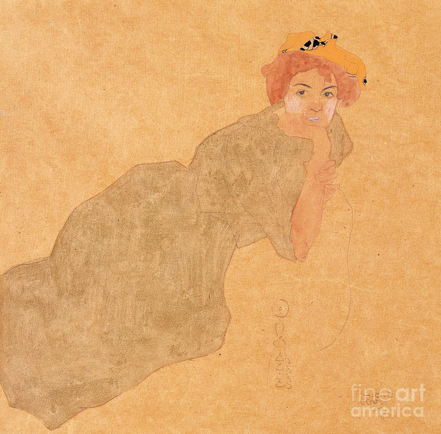 Girl in Olive Coloured Dress with Propped Arm Painting by Egon Schiele