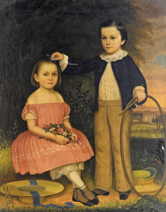 Girl in Pink with Flowers Boy with Hoop and Stick Painting by Lambert Sachs