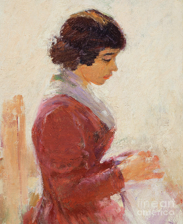 Girl in Red, Sewing Painting by Theodore Robinson