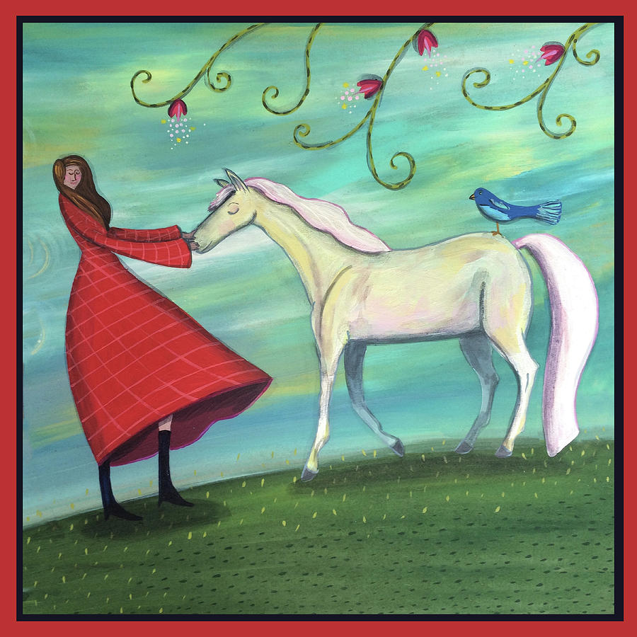 Bluebird Painting - Girl in Red with White Pony by Marti McGinnis